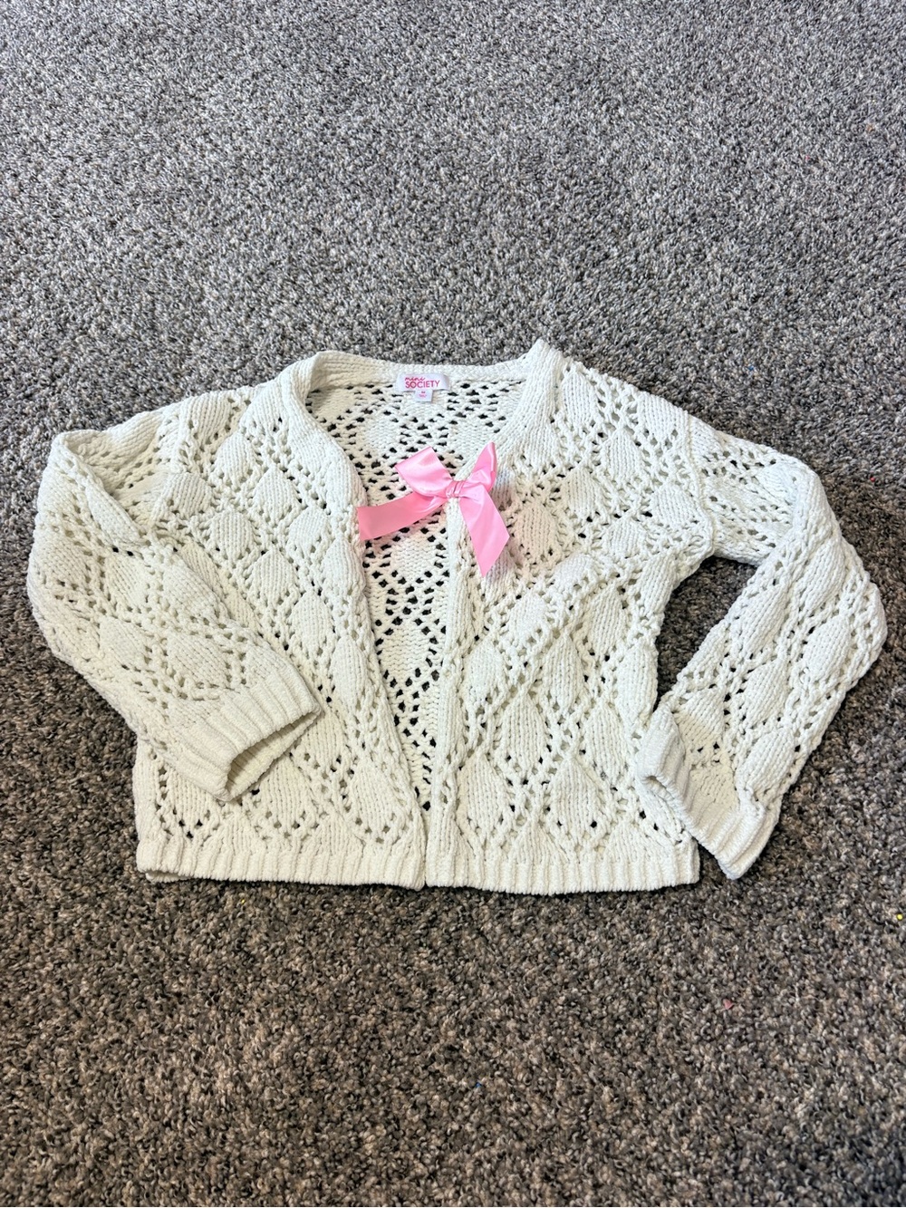 Girl's Cream Open-Knit Cardigan with Pink Bow - Kids
